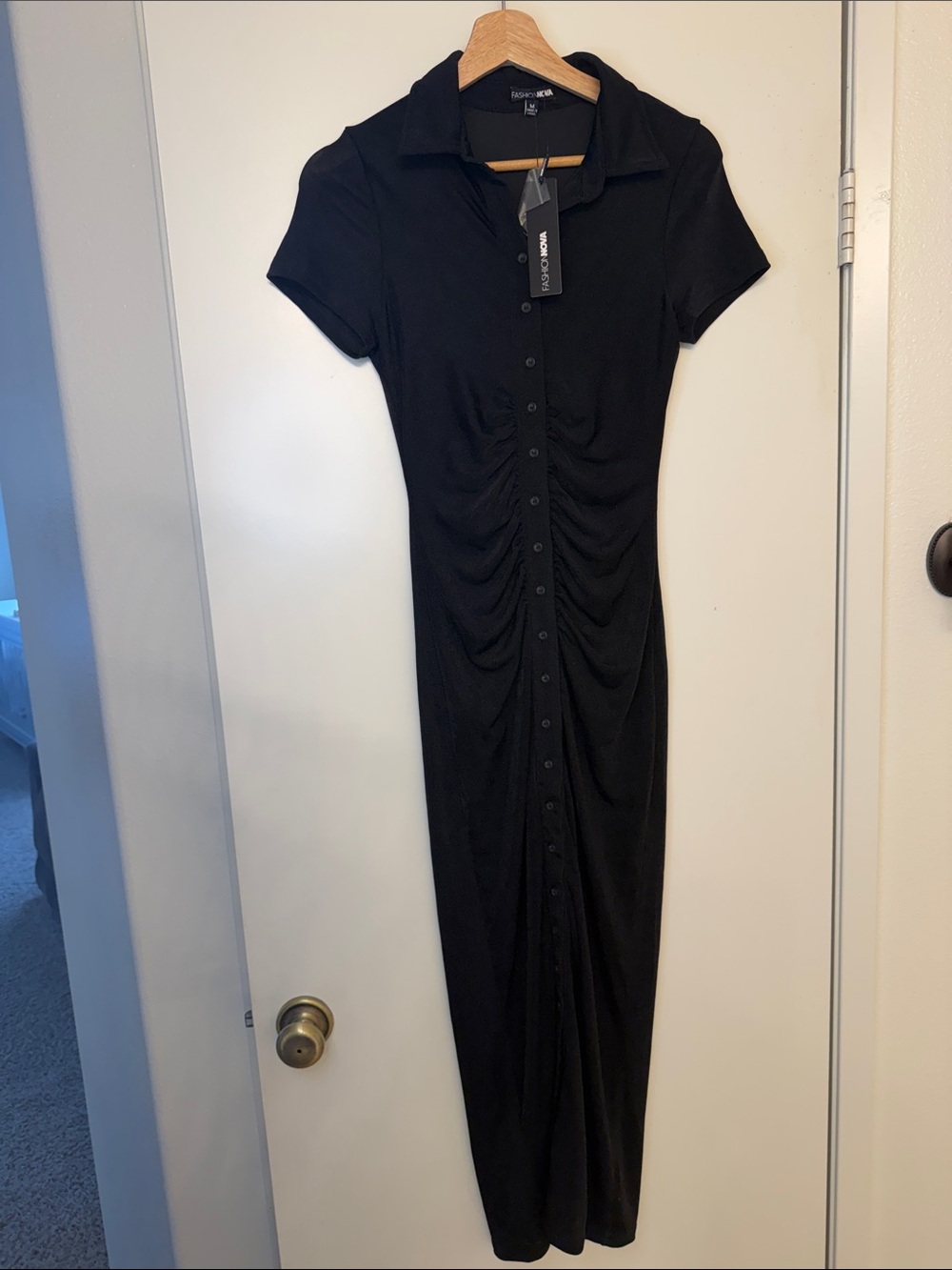 Fashion Nova Black Collared Button-Front Ruched Maxi Dress